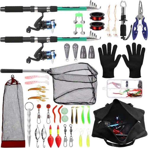MiniInflat Combo de caña de pescar telescópica y carrete, 2 piezas de caña plegable con alicates y agarre de labios, bolsa de transporte, carrete