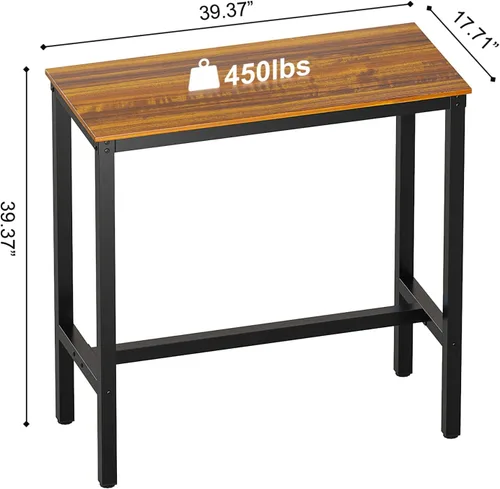 Miniatura 6 de Teraves Mesa de bar rectangular moderna, 39.37 x 17.71 x 39.37 pulgadas, parte superior de teca, base de metal negro, 4 plazas, uso en comedor y bar