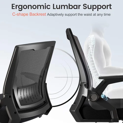 Miniatura 4 de COMHOMA Silla de oficina con reposabrazos abatibles, silla de escritorio ergonómica para computadora con soporte lumbar adaptable y malla Negro