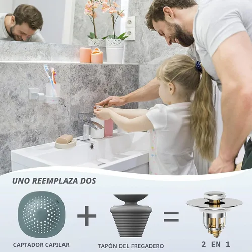Miniatura 5 de Tapón universal 2 en 1 para fregadero de baño, colador de drenaje desplegable para fregadero de baño con cesta de filtro antiobstrucción, tapón