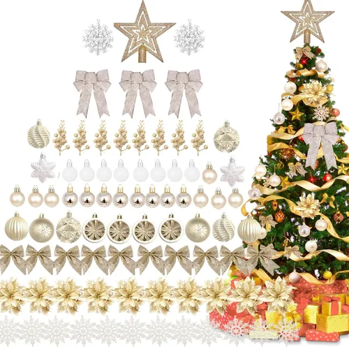 Juego de decoración para árbol de Navidad, 88 piezas de adornos navideños color champán con bolas de adornos de Navidad color champán, flores de