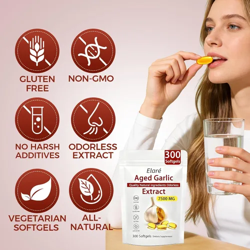 Miniatura 5 de Elare Cápsulas de extracto de ajo envejecido de 7500 mg sin olor, 600 unidades, suplemento de ajo, 2 años de maduración, para apoyo cardíaco e