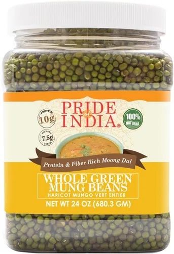 Orgullo de la India - Granos enteros verdes de mung de la India - Granos de moong enteros ricos en proteínas y fibra, frasco de 1.5 libras
