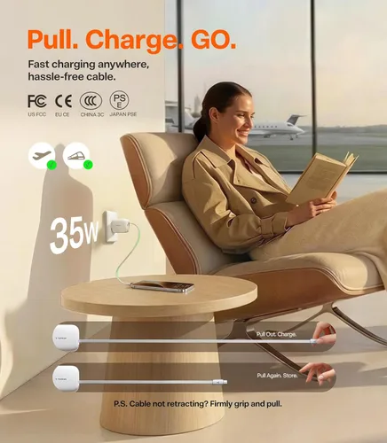 Miniatura 7 de Torras FlexLine Cargador retráctil, 35 W GaN III USB-C bloque de cargador con puertos duales, cargador de teléfono de carga rápida para iPhone