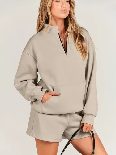 Miniatura 2 de ANRABESS Conjunto de 2 piezas para mujer, sudadera y pantalones cortos, de gran tamaño, casual, conjunto de sudadera para descansar, conjunto