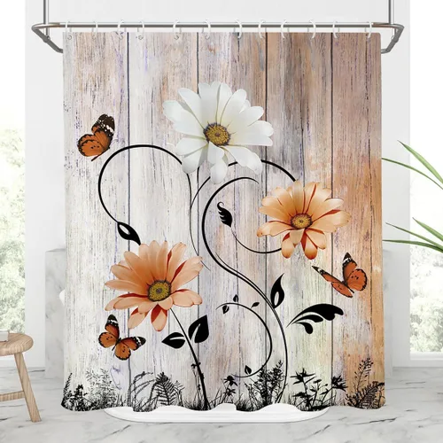 Miniatura 29 de AAtter Cortina de ducha floral azul rústica boho gris blanco amarillo margarita naturaleza negro botánico telón azul verdoso turquesa tela única