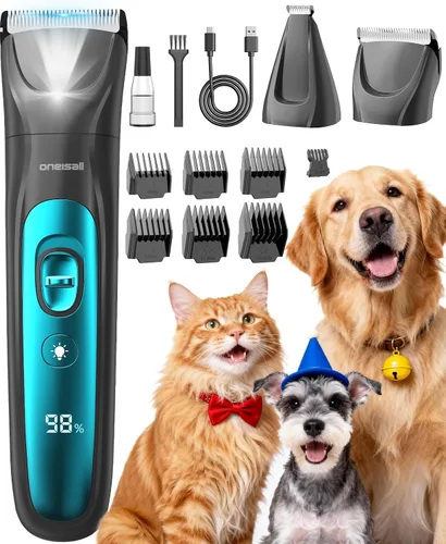 Cortaúñas para perros con luz LED oneisall, kit de aseo para perros inalámbrico 2 en 1, cortaúñas para mascotas de 2000mAh, recortador de patas,
