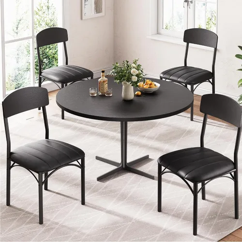 Miniatura 5 de Jocoevol Juego de 4 sillas de comedor tapizadas con piel sintética, sillas de cocina industriales con respaldo de madera y patas de metal gruesas