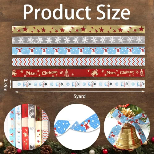 Miniatura 2 de 6 piezas de cintas de grogrén navideñas de 3/8 pulgadas con palabras 'Feliz Navidad', cintas decorativas de 5 yardas, cintas para manualidades