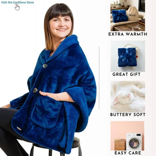 Miniatura 6 de EzrAllora Manta Poncho de Doble Capa Premium para Mujeres -Ponte y Listo Sin Mangas- Chal de Vellón Sherpa con Bolsillos - Manta Vestible - Regalos