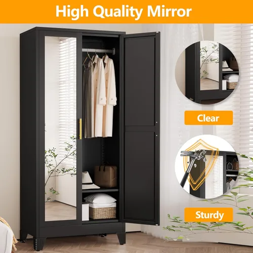 Miniatura 4 de Ckzbx Armario Ropero de Metal de 71" de Alto con Espejo, Estantes Ajustables, Barra para Secar Ropa, Gabinete Ropero de Acero para Dormitorio (Negro)