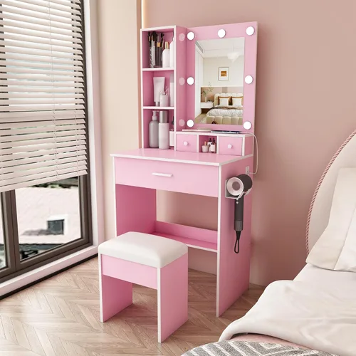 Miniatura 12 de Runboll Small Vanity Desk with Mirror and Lights, Makeup Vanity Table Set with Power Outlet, Drawer Storage, Stool, Adjustable LED Lighting