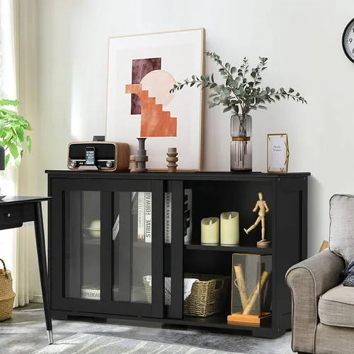 Miniatura 2 de Armario de buffet apilable, moderno aparador de cocina con puerta corrediza de vidrio templado, armario con estante ajustable, mesa de buffet