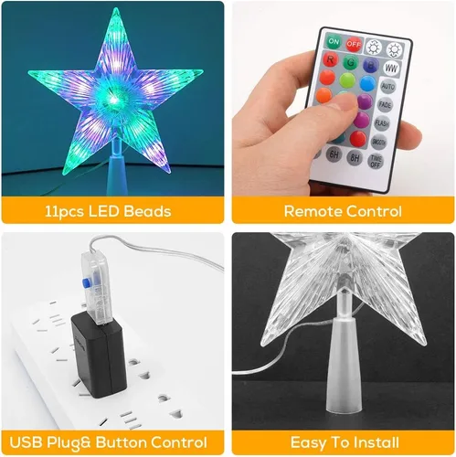 Miniatura 5 de Estrella para la Copa del Árbol de Navidad de 7" Estrella LED Iluminada para la Copa del Árbol c/Control Remoto, Estrella de 5 Puntas RGB Luz