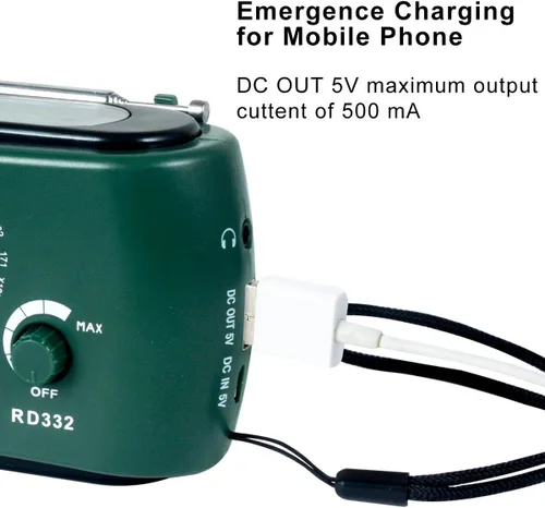 Miniatura 4 de Radio de emergencia, color verde Cargador solar y de manivela, linterna de 3 LED, banco de energía de 500 mAh, radio FM/AM, cargador de teléfono