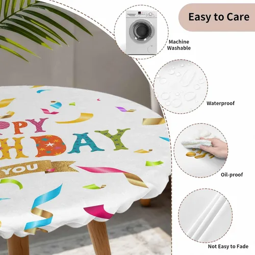 Miniatura 3 de Mantel redondo ajustable de feliz cumpleaños, con diseño de rayas de colores, diseño de lunares, elástico, impermeable, para interiores