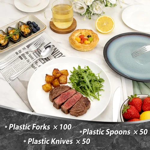 Miniatura 7 de Liacere 200 piezas de cubiertos de plástico plateado - Cubiertos de plástico plateado - Cubiertos desechables de plata - 100 tenedores, 50 cucharas