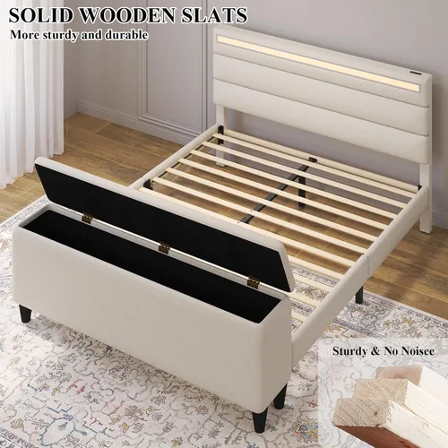 Miniatura 7 de E-Motie Marco de cama tamaño matrimonial con cabecero, cama tapizada con plataforma y otomano con almacenamiento, luces LED y estación de carga