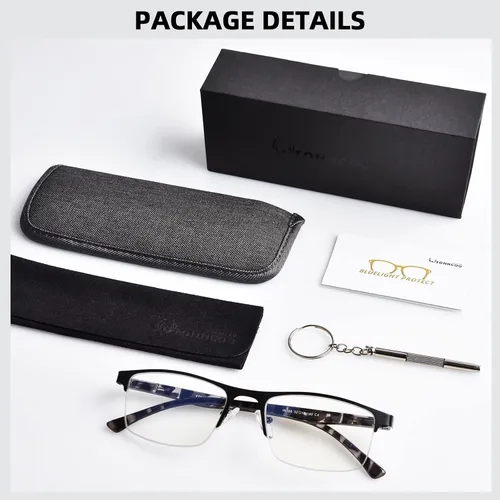 Miniatura 7 de FONHCOO - Gafas de lectura para mujeres y hombres, gafas de lectura con bloqueo de luz azul, metal, medio marco, lectores de computadora, anti Negro