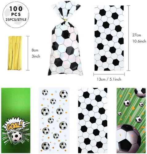 Miniatura 6 de Kesote Bolsas de celofán de fútbol, 100 piezas de bolsas de dulces de regalo de fútbol con lazos para fiesta de cumpleaños de fútbol