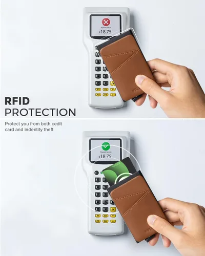 Miniatura 5 de VULKIT Cartera desplegable para tarjetas de crédito con ranuras de cuero adicionales con bloqueo RFID, funda delgada para tarjetas de metal, Marrón
