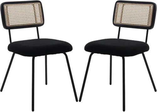 Juego de 2 sillas de comedor de ratán, sillas de comedor de caña tapizadas de sherpa negro con respaldo de ratán, sillas de comedor tejidas con