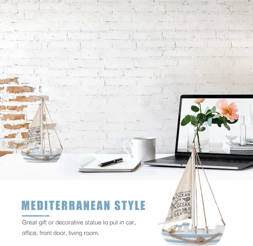 Miniatura 5 de Modelo de velero de madera, mini LED náutico, conchas náuticas, estatuilla de barco de vela de madera, decoración para el hogar, escritorio