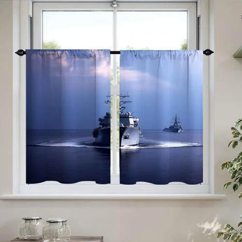 Miniatura 8 de Cortinas cortas de cocina con diseño náutico de tortugas marinas azules y playas, media cortina de baño para dormitorio, juego de 2 paneles de 27.5