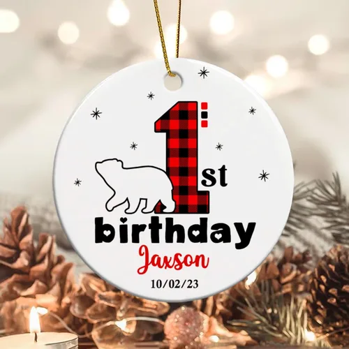 Miniatura 6 de Adorno personalizado de primer cumpleaños de oso bebé, adorno personalizado para la primera Navidad del bebé, adornos de cerámica de feliz