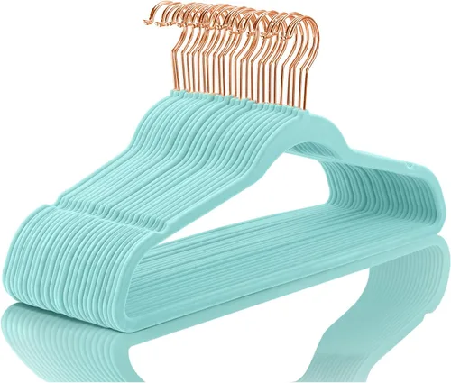 Miniatura 10 de MIZGI Perchas de Terciopelo Premium (Paquete de 50) Resistentes - Perchas de Fieltro Antideslizantes - Percha de Traje de Terciopelo Negro - Ganchos