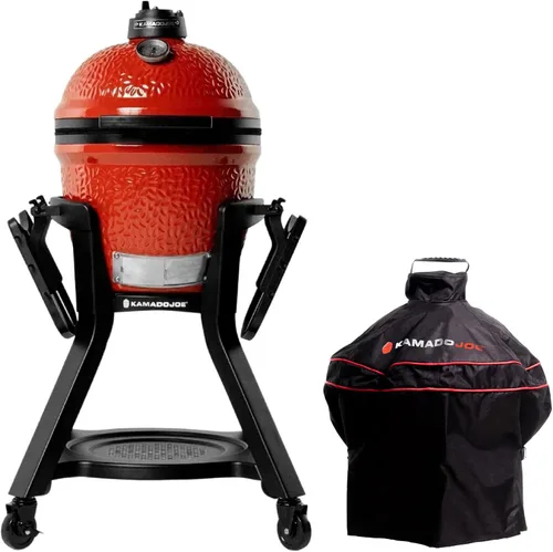 Joe Jr - Parrilla de carbón portátil de 3 piezas por Kamado Joe con cubierta de parrilla y carrito con estantes laterales