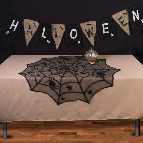 Miniatura 7 de Camino de mesa de Halloween, mantel redondo de encaje de araña de 40 pulgadas, mantel de Halloween para cena de Halloween (negro)