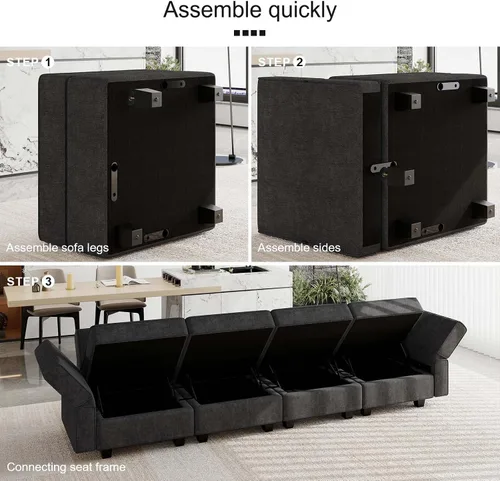 Miniatura 5 de Belffin Tela modular sofá seccional almacenamiento otomano módulo sofá lado seccional libre configuración otomana negro