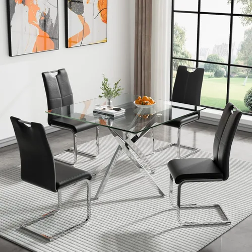 Miniatura 24 de Juego de mesa de comedor redonda de 3 piezas para 2, mesa de cocina moderna de vidrio plateado y sillas para 2 con sillas tapizadas, juego de mesa