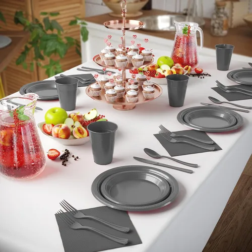 Miniatura 4 de 350 Piezas Platos de Plástico Plateados Para Fiestas, Juego de Platos Desechables Plateados, 50 de Cada Juego de Platos de Cena de 9", Platos