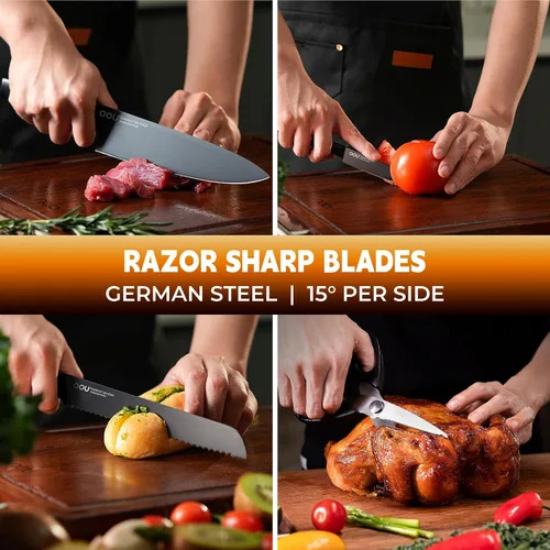 Miniatura 8 de OOU Juego de Cuchillos de Cocina con Bloque - 15 Piezas de Acero Inoxidable de Alto Carbono con Bloques de Afilado Integrados, Negro