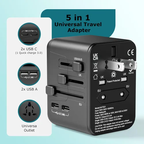 Miniatura 2 de Adaptador de viaje universal, enchufe de alimentación internacional con 2 puertos USB-C y 2 puertos USB-A, cargador de pared mundial para Europa
