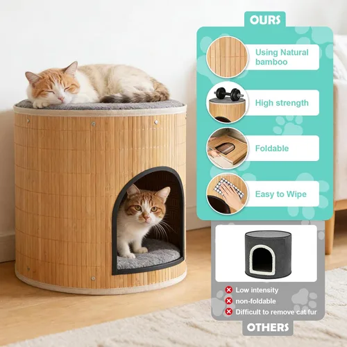Miniatura 3 de Camas para gatos en casa, cueva de bambú tejida a mano, cubo para mascotas, casas grandes para gatos, 2 alfombrillas de cama, plegable, escondite