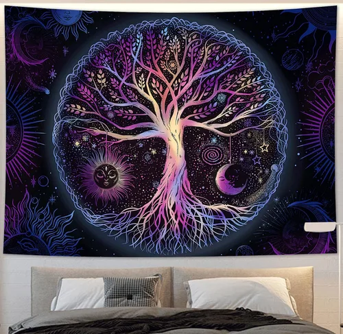 Miniatura 3 de FORATER Tapiz de árbol de la vida, para colgar en la pared, colorido árbol de la vida, tapiz estético de sol y luna, galaxia para dormitorio, sala