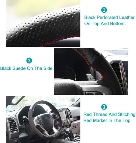 Miniatura 6 de Funda para volante de piel perforada negra y gamuza roja, costura a mano en envoltura para Ford F150 Raptor 2016-2019