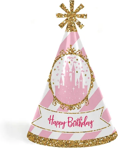 Big Dot of Happiness Corona de princesita – Cono rosa y dorado princesa feliz cumpleaños sombreros para niños y adultos – Juego de 8 (tamaño