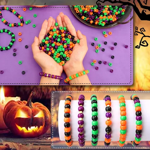 Miniatura 6 de UPINS Cuentas de pony de Halloween, 1200 piezas de cuentas de plástico redondas en negro, púrpura, naranja y verde para hacer joyas, decoración de 4