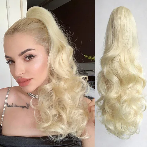 Miniatura 16 de Extensión de cola de caballo ondulada y rizada de 20 pulgadas de largo, peluca sintética de cola de caballo falsa con clip, extensiones de cabello