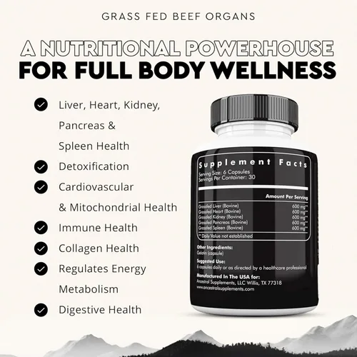 Miniatura 2 de Ancestral Supplements Suplemento de órgano de res alimentado con pasto, apoya el bienestar de todo el cuerpo con una mezcla patentada de hígado