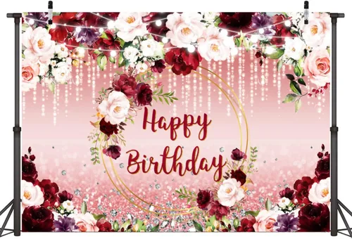 Miniatura 3 de Sensfun Telón de fondo de cumpleaños floral burdeos con diseño de lunares con purpurina y diseño floral de feliz cumpleaños para mujeres y niñas