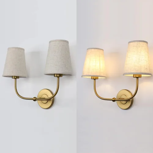 Miniatura 7 de Apliques de pared de 2 luces con embudo de tela de lino, lámparas de pared de doble luz para dormitorio, sala de estar, tocador, baño, pasillo, Latón