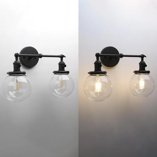 Miniatura 7 de Phansthy Aplique de pared de vidrio industrial de 2 luces, lámpara de pared de baño con interruptor de encendido y brazo oscilante, pantalla de Negro