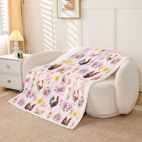 Miniatura 17 de Erosebridal Rooster Fleece Throw Blanket 40"x50" for Bedroom Living Rooms Sofa Couch,Chicken Farmhouse Sherpa Blanket,Wildflower Fuzzy Plush