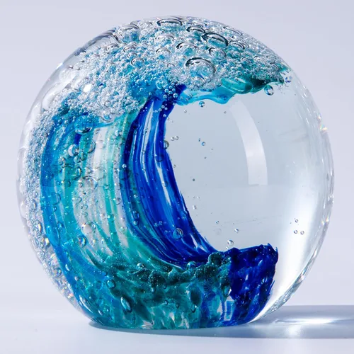 Miniatura 7 de Pisapapeles grande de vidrio de ola oceánica de 3.15 pulgadas, figuras de vidrio de mar sopladas a mano, decoración de olas azules, regalos