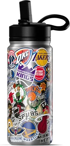 Hydrapeak x NBA Botella de agua aislada de 20 onzas con tapa con popote y asa, con calcomanías de todos los equipos, con licencia oficial de la NBA